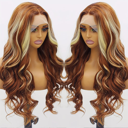 13x4 Blonde and Brwon Streak Body Wave Wig Lace Front Wigs Synthetic Natural Wave Wigs Heavy Density Glueless Lace Wigs for Women Synthetic Fiber Wigs for Daily Party Cosplay 26 inch