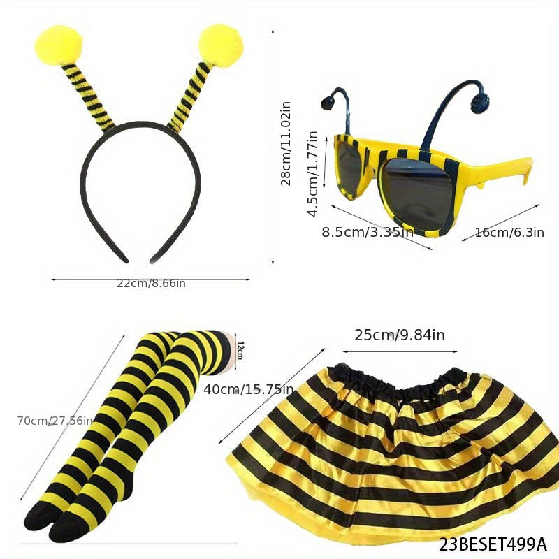 Bee Costume Accessory Set for Adults - Polyester & Spandex Boho Style, Non-Feathered - Includes Striped Skirt, Antenna Headband, Winged Glasses & Striped Stockings for Halloween Cosplay Party