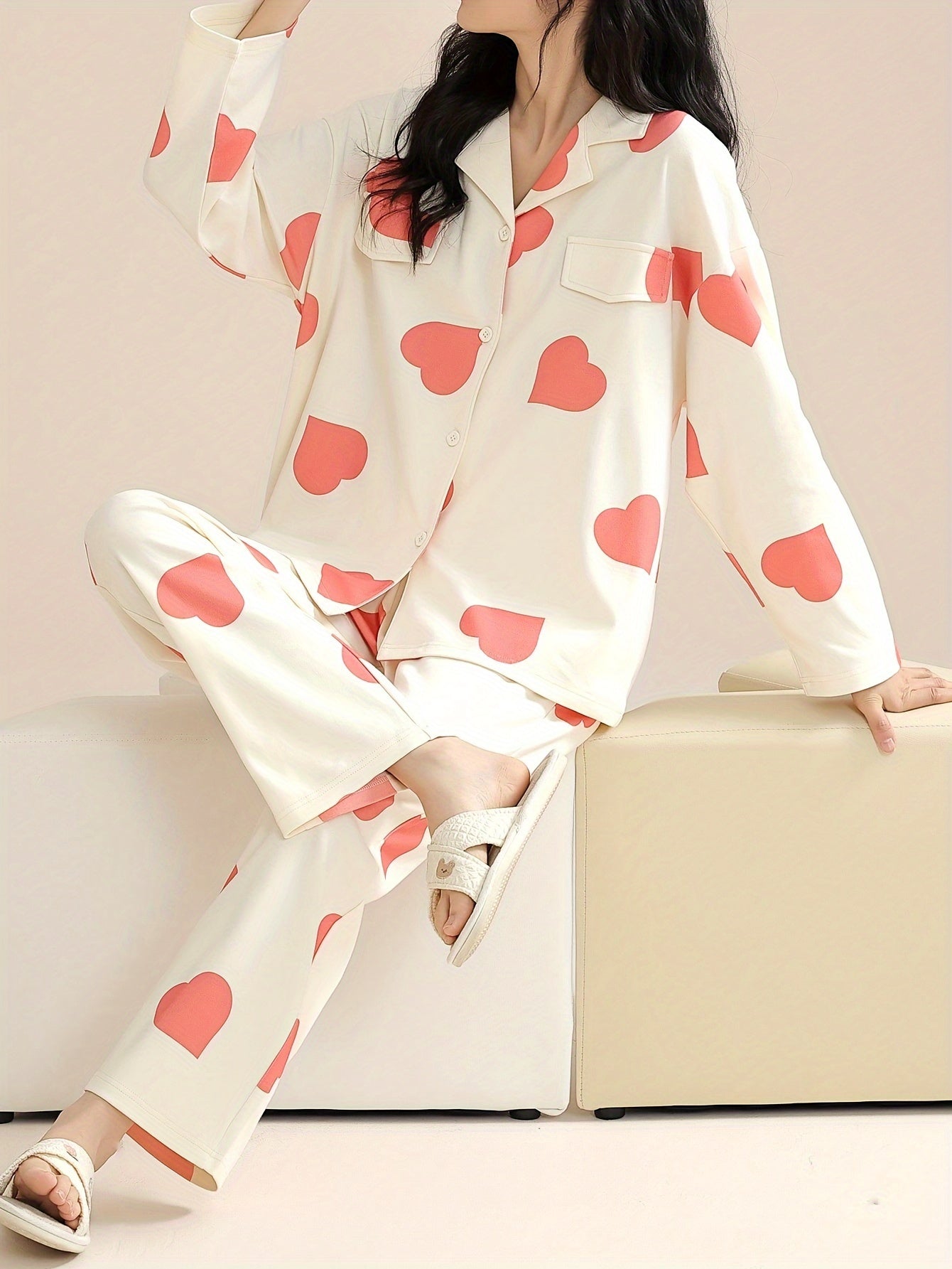 Women's Floral & Stripe Print Elegant Pajama Set, Long Sleeve Buttons Lapel Top & Pants, Comfortable Relaxed Fit For Fall