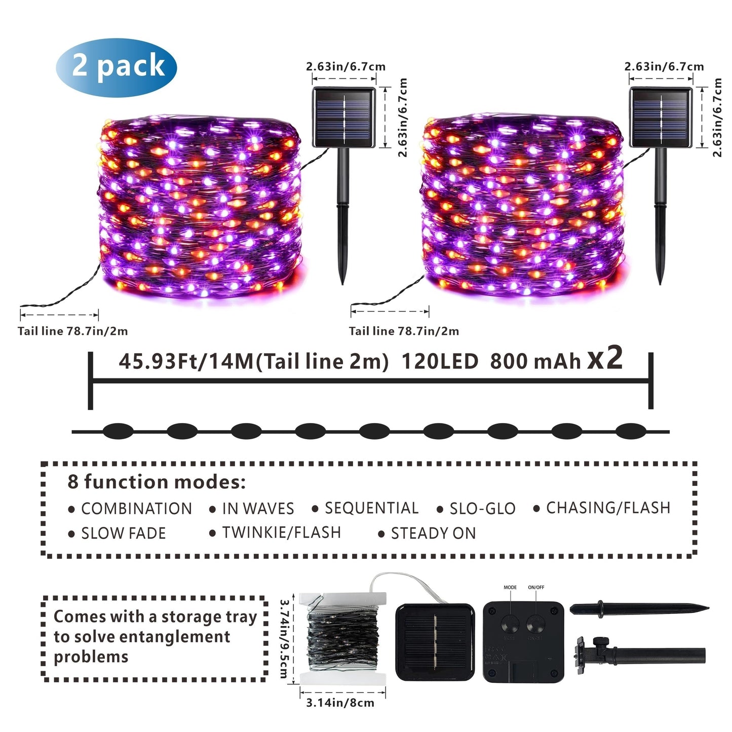 2 Pack Orange & Purple Halloween Lights, Total 69ft 240 LED Orange Lights, Purple Solar Halloween Lights 8 Modes, Outdoor Twinkle Orange Halloween String Lights For Halloween Party DIY Decor, Black Wire