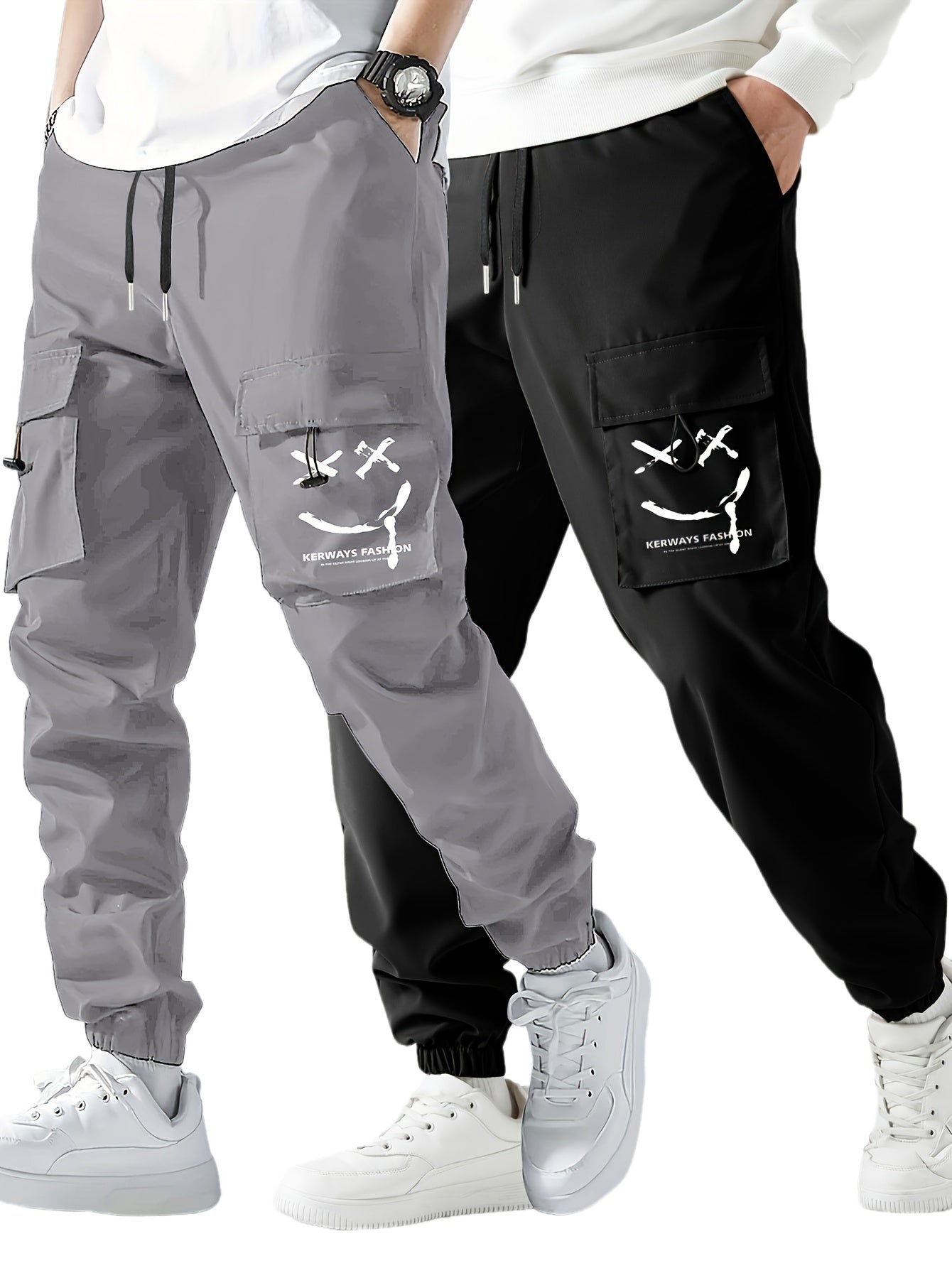 2 Pcs Men's Stylish Smiling Face Pattern Cargo Jogger With Pockets, Causal Breathable Drawstring Men's Bottom Clothing For City Walk Street Hanging Outdoor Activities