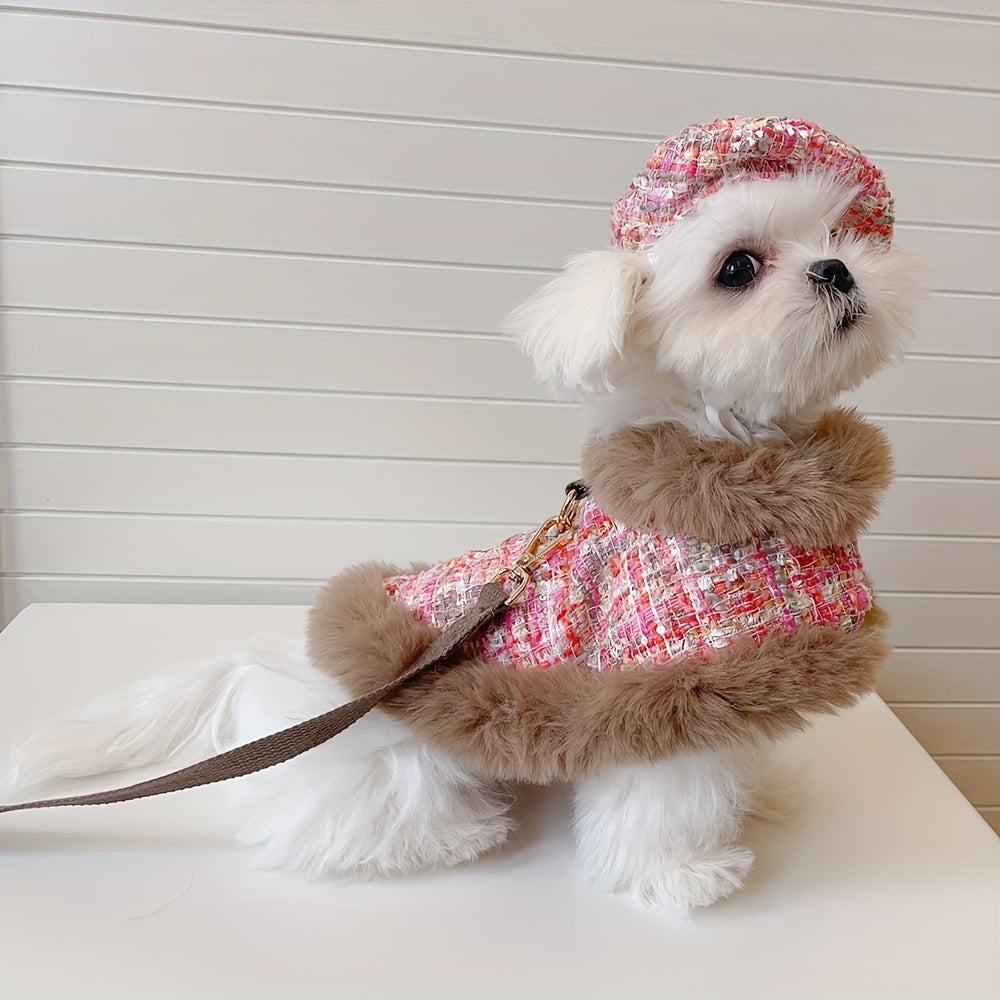 Luxury Dog Clothes, Spring And Autumn Plaid Cape With Leash And Beret Set For Dog, Coat Basic And Chic Tweed Fabric, Chest Adjustable, Pet Clothes