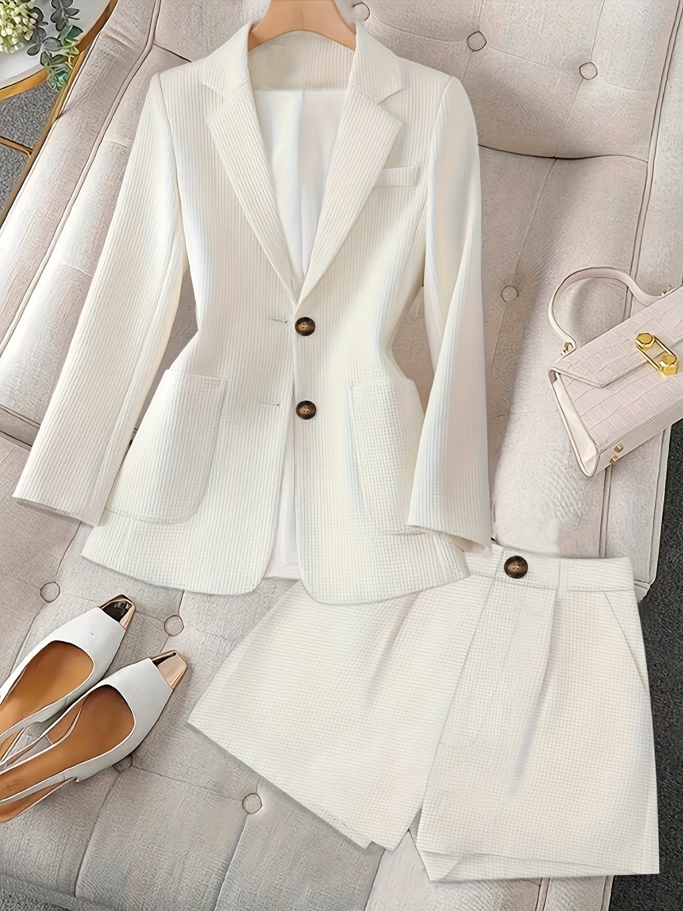 Button Front Solid Color Elegant Suit Set, Slim Fit Long Sleeve Blazer & Tucked High Waist Wide Leg Shorts, Women's Clothing