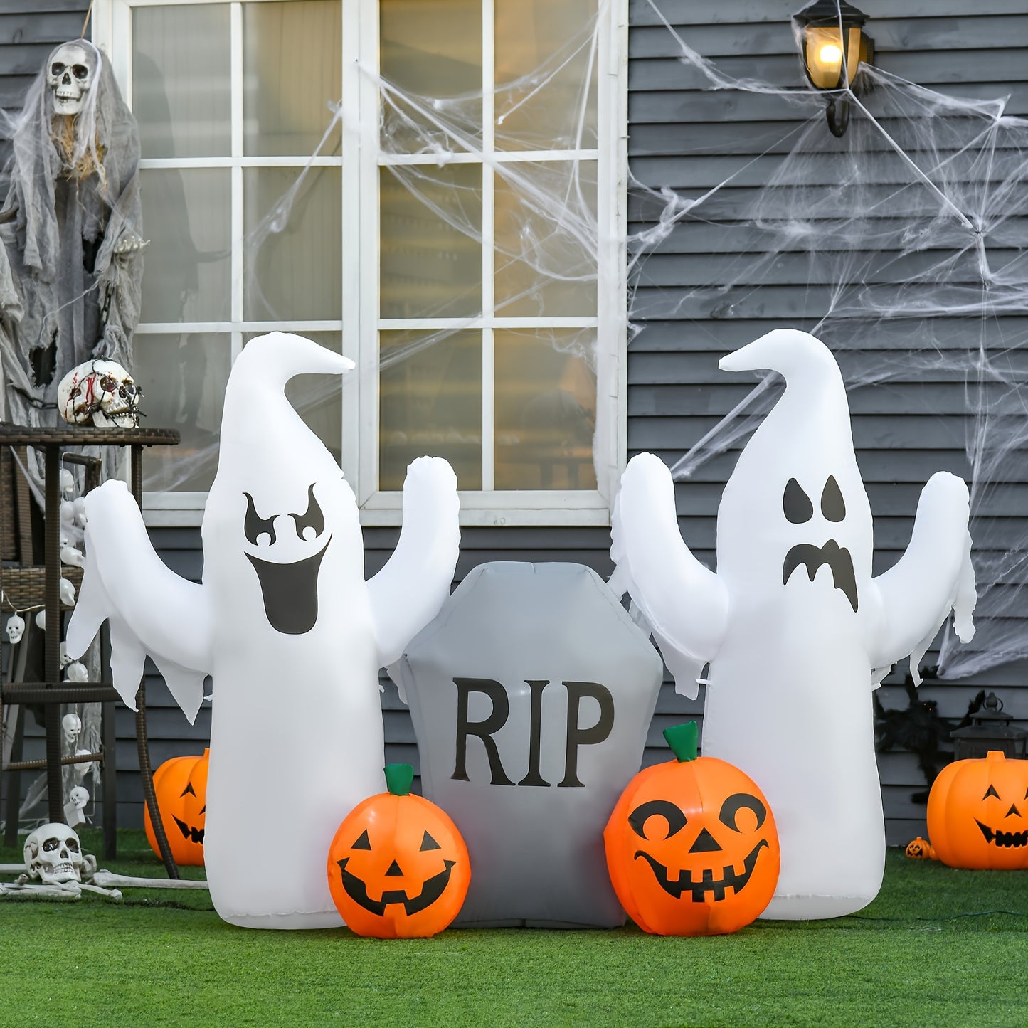 HOMCOM 6' Long Inflatable Halloween Ghost & Pumpkin Tombstone, Inflatable LED Light Yard Display Indoor Outdoor For Garden, Lawn, Party, Holiday