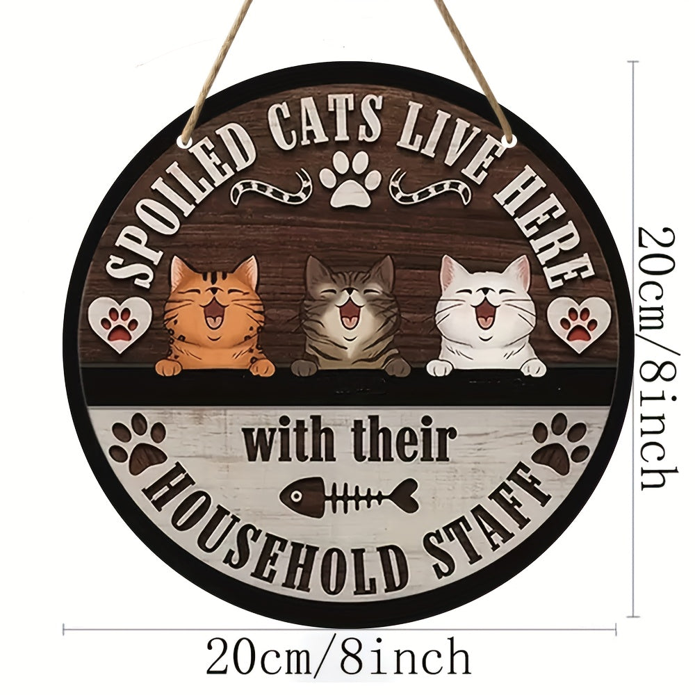 1pc Rustic Wooden Welcome Sign, "Spoiled Cats Live Here" Wreath Plaque, Cat Images & Humorous Phrase Prints Hanging Art For Garage, Farmhouse, Store, Porch, Living Room, Bedroom, Garden, Yard, Office, Outdoor, Holiday Festival Gift, Home Decoration