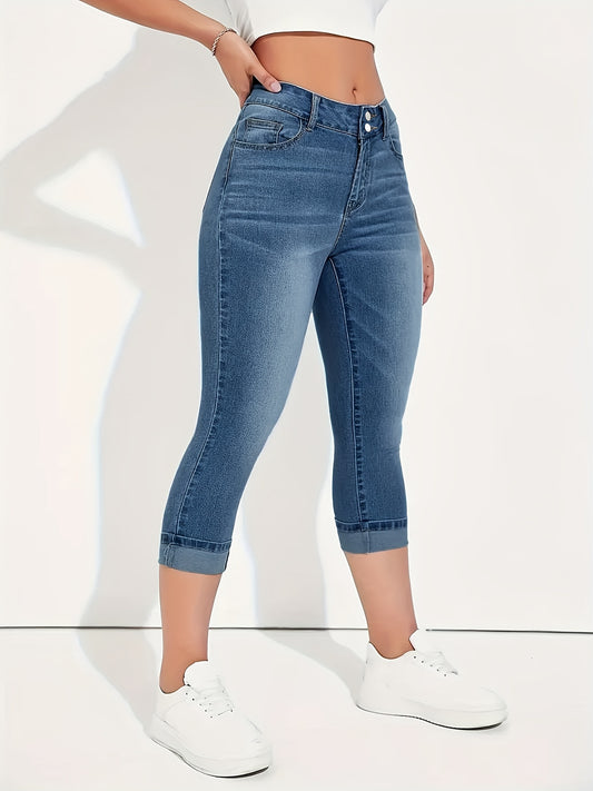 Women Solid Color Simple Washed Denim Capri Pants