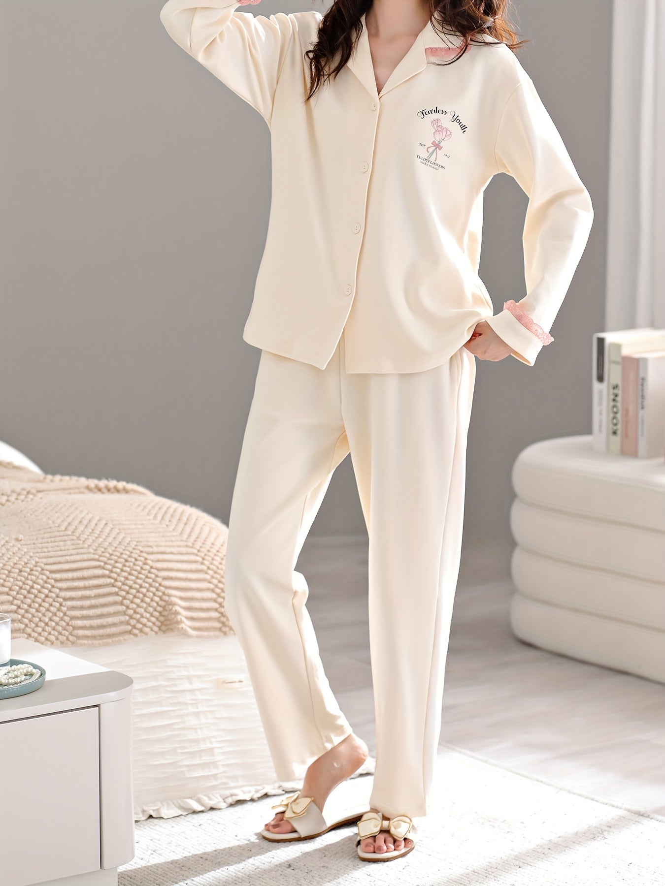 Women's Tulip & Letter Print Casual Lace Trim Pajama Set, Long Sleeve Buttons Lapel Top & Pants, Comfortable Relaxed Fit For Fall