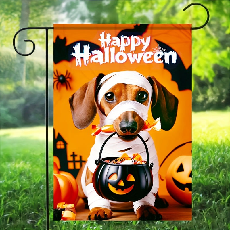 1pc Polyester Double-Sided Garden Flag, Halloween Mummy Dachshund Design, Outdoor Welcome Sign - Durable, Weather-Resistant Fabric, Ideal for Patio, Yard, Seasonal Decor, Pet Enthusiasts - 12x18 Inches (Pole Not Included)