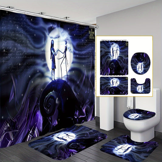 Authorized 1/4pcs Disney The Nightmare Before Christmas Halloween series Pattern Shower Curtain Set, Shower Curtain With 12 Hooks, Non-Slip Bath Mat, U-Shaped Toilet Mat, Toilet Mat, Bathroom Decor Accessories