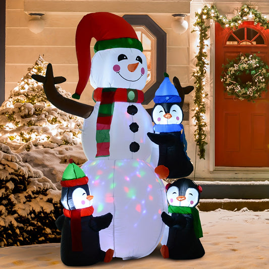 HOMCOM 6' Christmas Inflatables Outdoor Decorations Snowman With Penguins, Blow-Up Yard Christmas Decor With LED Rotating Colorful Light