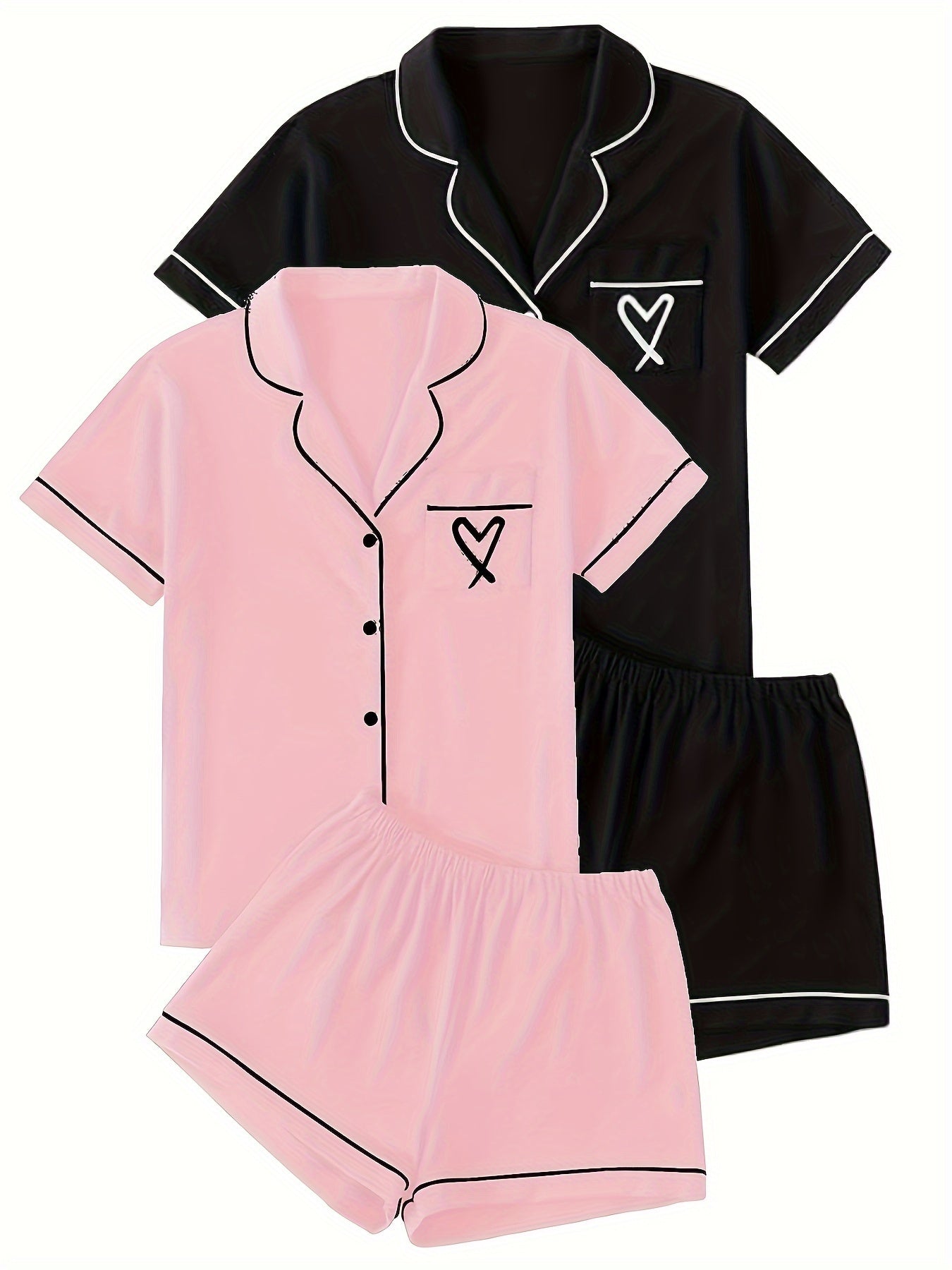 2 Sets Women's Heart Embroidery Casual Pajama Set, Short Sleeve Buttons Lapel Top & Shorts, Comfortable Relaxed Fit