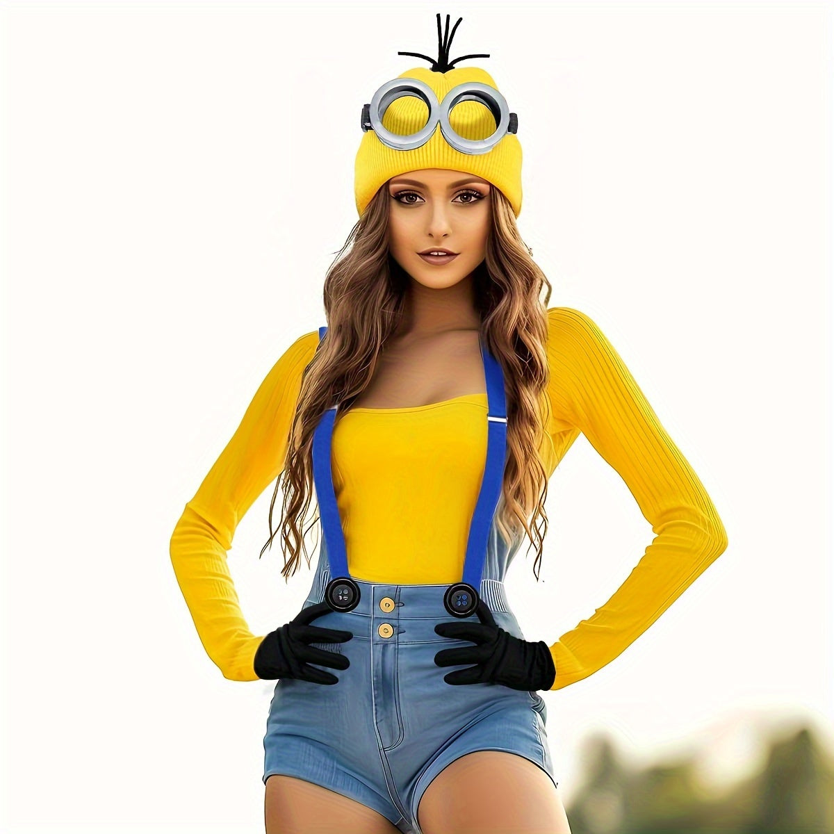 Adult Yellow Cartoon Costume Set with Big Eyes Goggles & Hat - Perfect for Fancy Dress Parties & Cosplay