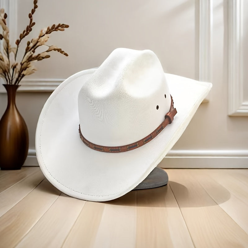 Premium Faux Leather Cowboy Hat - Classic Red-Brown with Vintage Belt, Breathable Wide Brim for Men & Women, Includes Durable Support & Elegant Gift Box