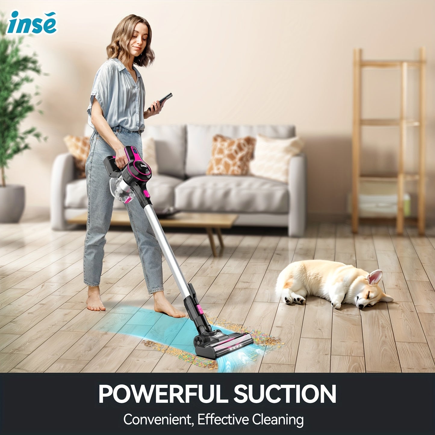 INSE Cordless Vacuum Cleaner 6-in-1 Stick Vacuum 20Kpa Lightweight for Hard Floor Carpet Pet Hair Rose red