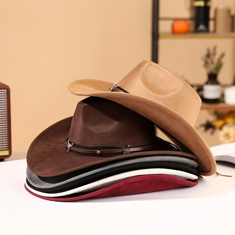 Vintage Western Cowboy Hat with Metal Bull Head Logo - Polyester, Woven for Men & Women