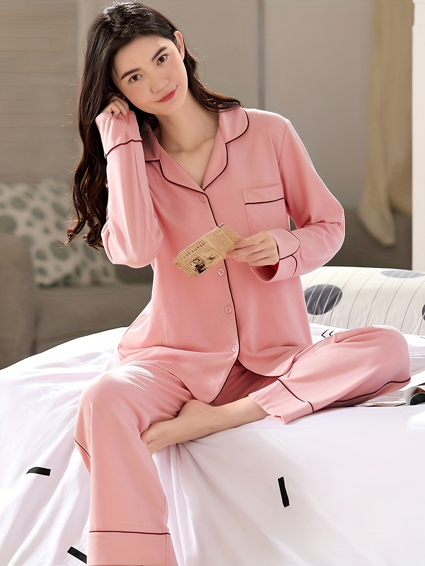 Women's Solid Contrast Binding Casual Pajama Set, Long Sleeve Buttons Lapel Top & Pants, Comfortable Relaxed Fit For Fall