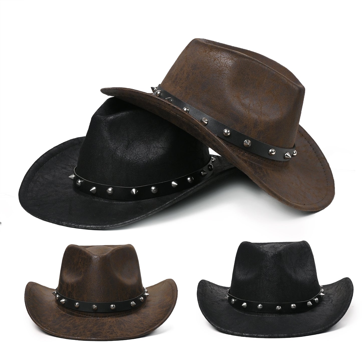 Vintage Western Cowboy Hat with Silvery-Plated Studs - Glossy Finish, Lightweight Polyester, Fashionable Knight Cap for Men & Women