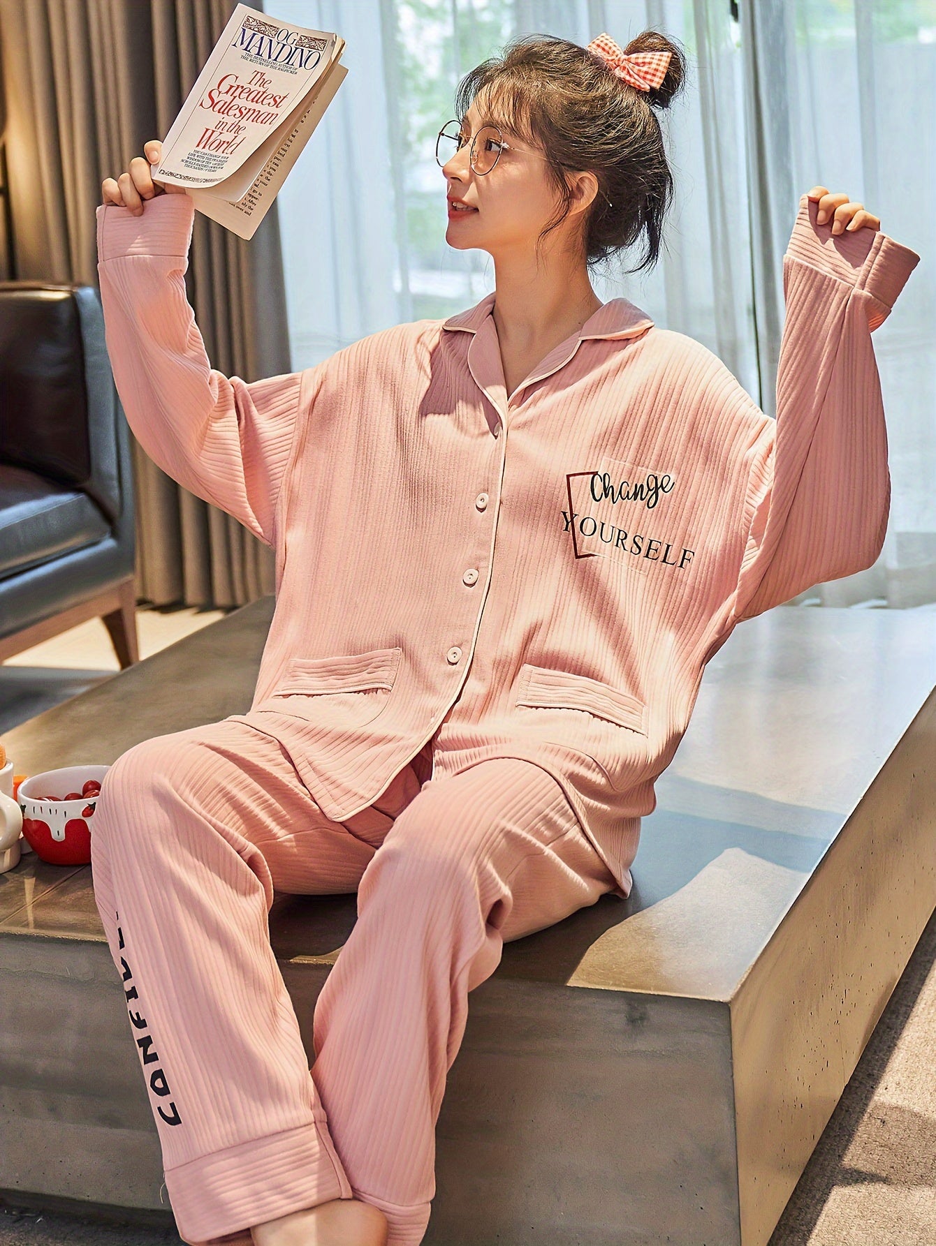 Casual Slogan Print Ribbed Loose Fit Pajama Set, Long Sleeve Buttons Lapel Top & Pants, Women's Sleepwear