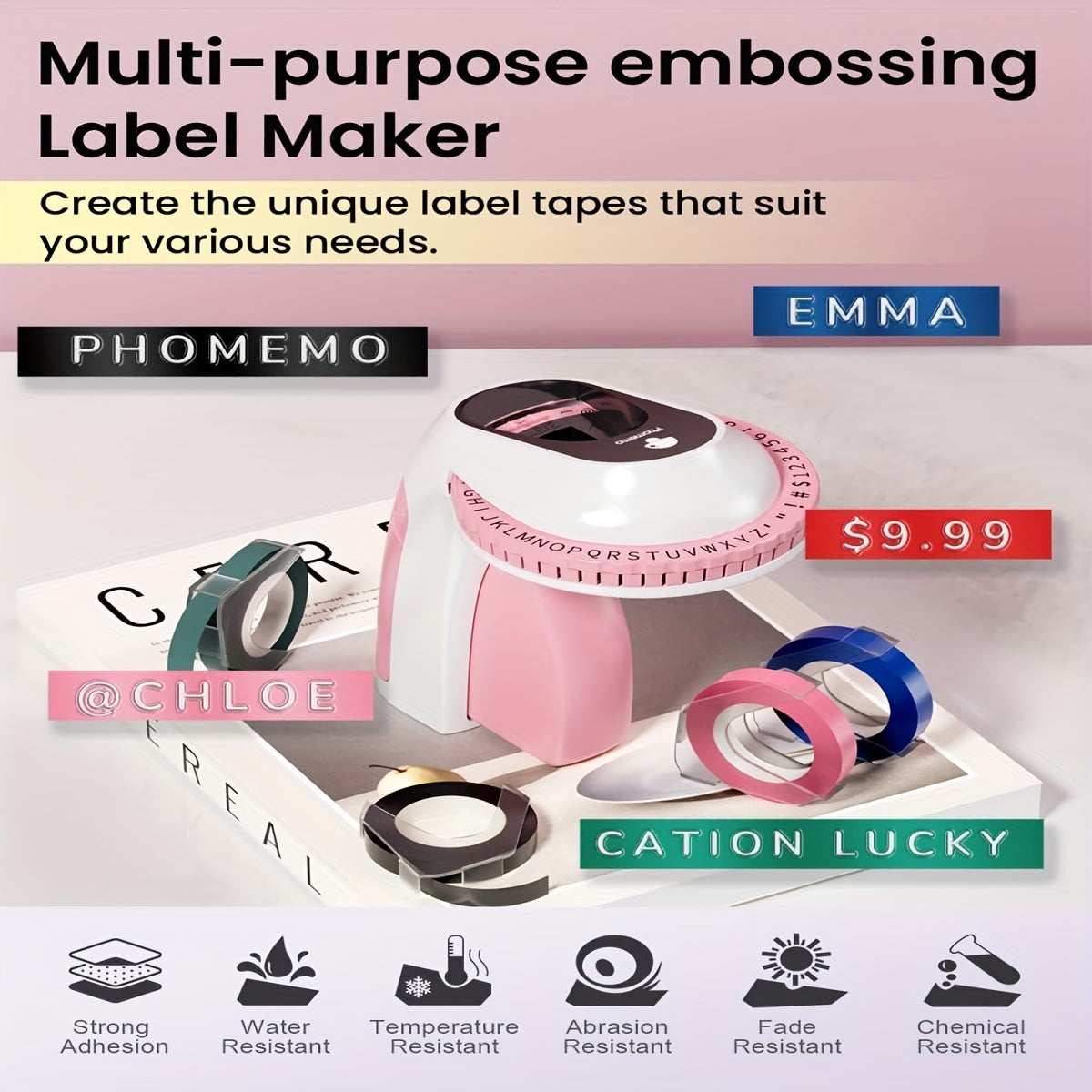 1pc Pink Embossed Label Maker Machine With Tape, Handheld Label Printer, Portable Retro Embossed Labeling Machine, With 6 Rolls Of Embossed Tape, Suitable For Home Office DIY