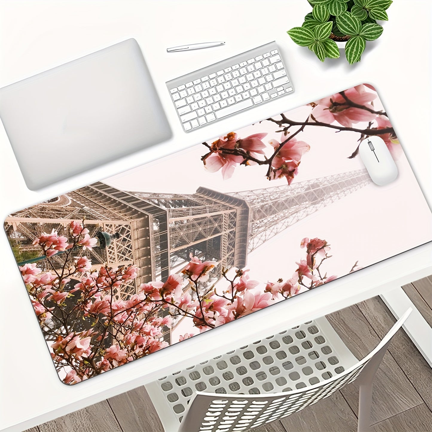 Eiffel Tower and Cherry Blossoms Design Large Desk Mat - Washable Rubber Mouse Pad, Durable Non-Slip Office and Home Keyboard Pad with No Battery Required