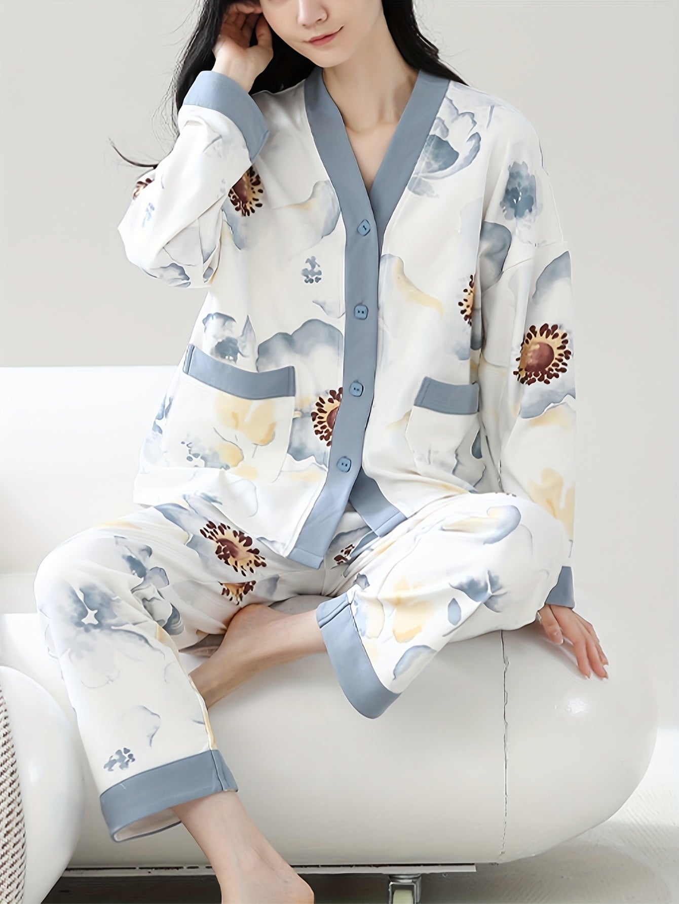 Women's Watercolor Floral Print Elegant Loose Fit Lounge Set, Long Sleeve Buttons V Neck Pocketed Top & Pants, Comfortable Relaxed Fit For Fall