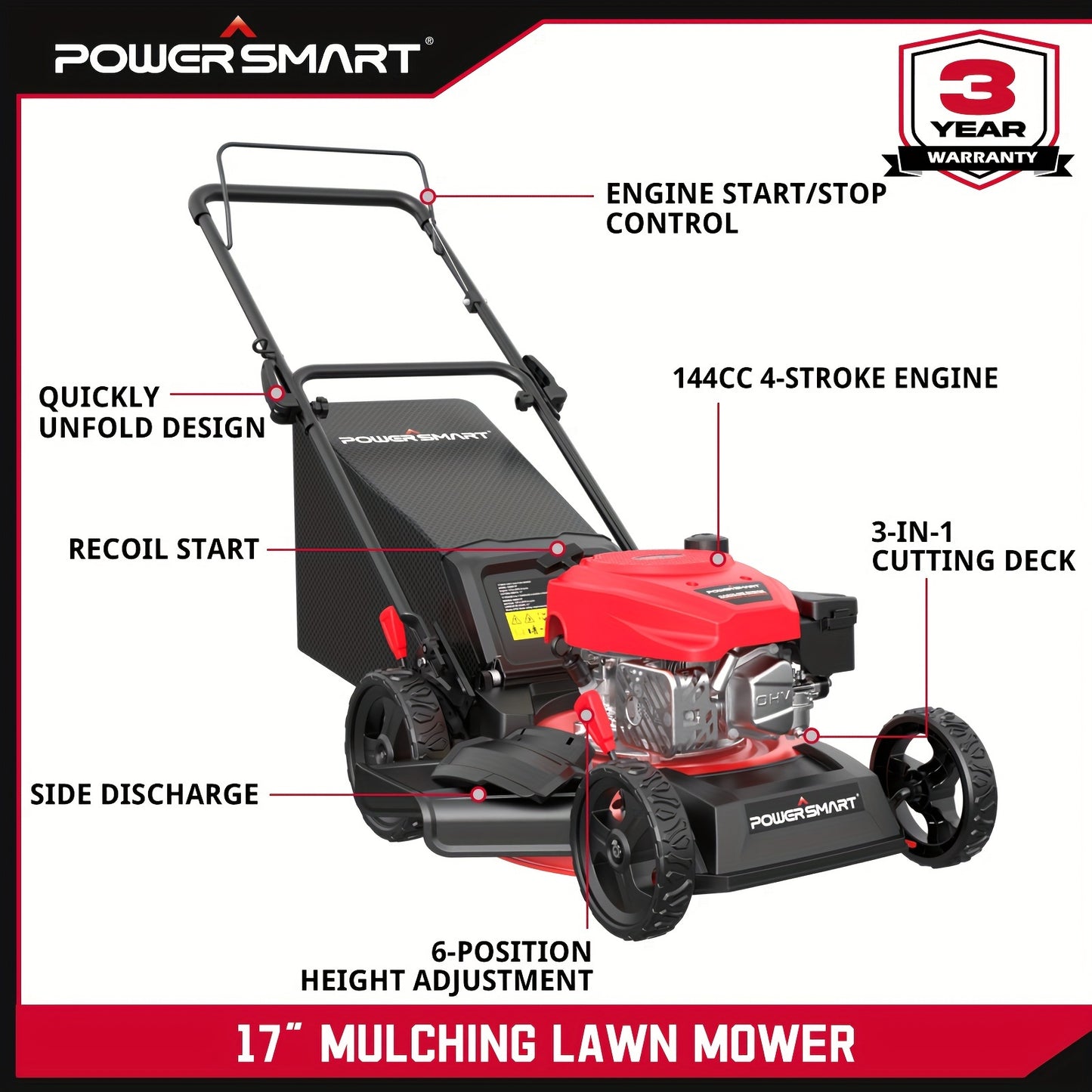 PowerSmart Gas Lawn Mower 17-Inch 144cc 3-in-1 Walk-Behind Push Mower, Oil Included