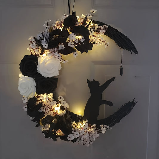 Halloween Moon Wreath with Artificial Roses and Black Cat - Seasonal Plastic Door Garland for Halloween Home Party Indoor Outdoor Decoration without Power Supply