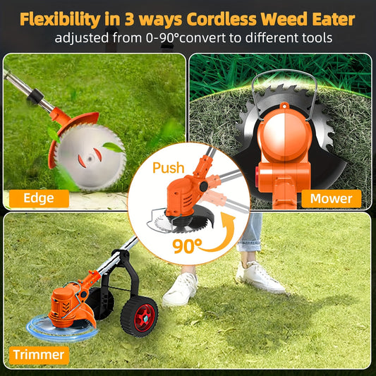 Stringless Weed Wacker, 4-in-1 Electric Weed Eater/Edger/Bush Trimmer/Mower, Length & Angle Adjustable Weed Trimmer with 2Pcs 21V/2000mAh Battery, Easy to Use and Lightweight Lawn Mower for Garden