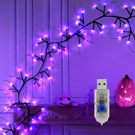 Festive Halloween Willow Vine Purple Lights: 1.7M/5.6FT USB-Powered Indoor/Outdoor Wall Decor, 48 LED Lights, Perfect for Halloween, Valentine's Day, Birthday Parties, and More