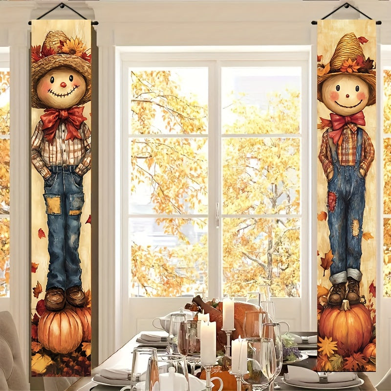 Autumn Scarecrow & Harvest Welcome Banner Set - Durable Polyester, 12x70 Inches, Perfect for Fall Outdoor Decor