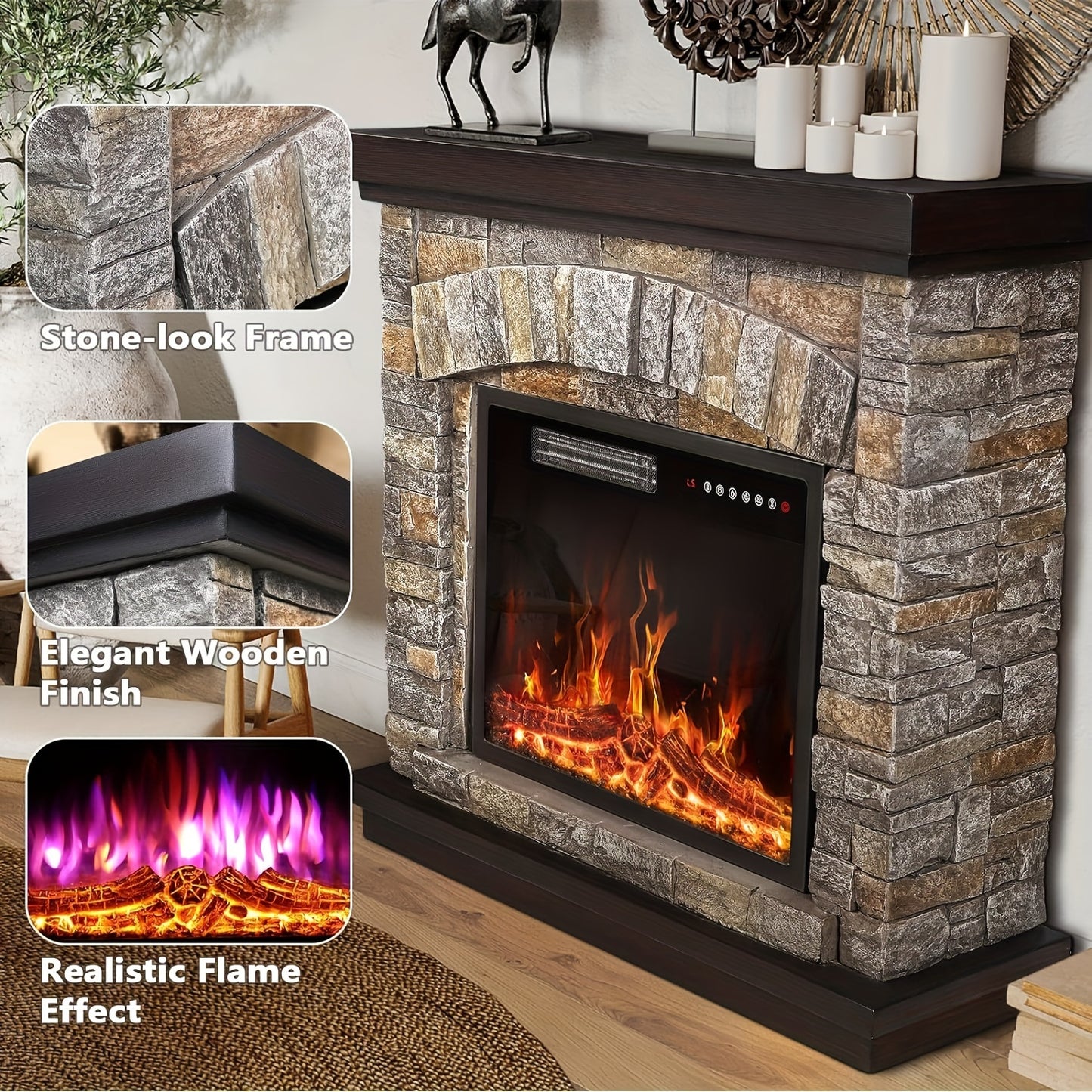 Electric Fireplace With Mantel, 36 Inch Freestanding Stone Fireplace Heater TV Stand With Remote Control, Realistic Flame Effect And 3D Log, 750W/1500W