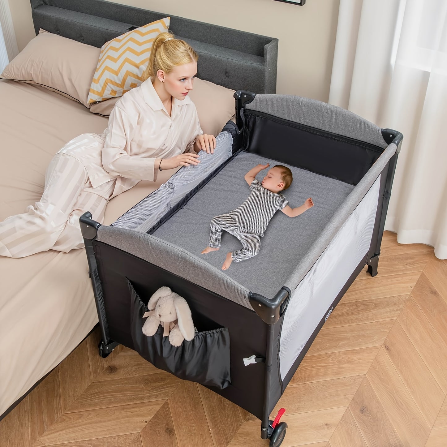 COSTWAY 5-in-1 Baby Crib w/Adjustable Height Soft Mattress Portable Pack Play with Music