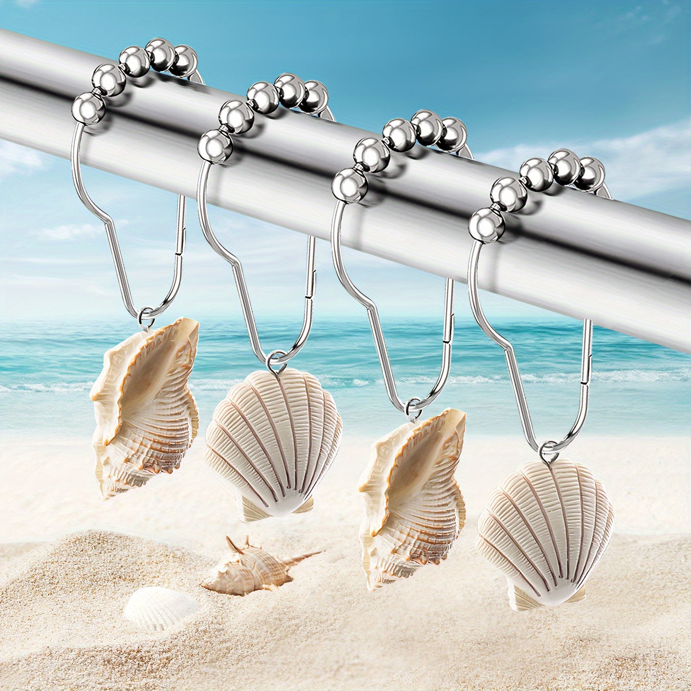 12pcs Stainless Steel Conch Shell Shower Curtain Hooks - Rustproof, Decorative Bathroom Accessories