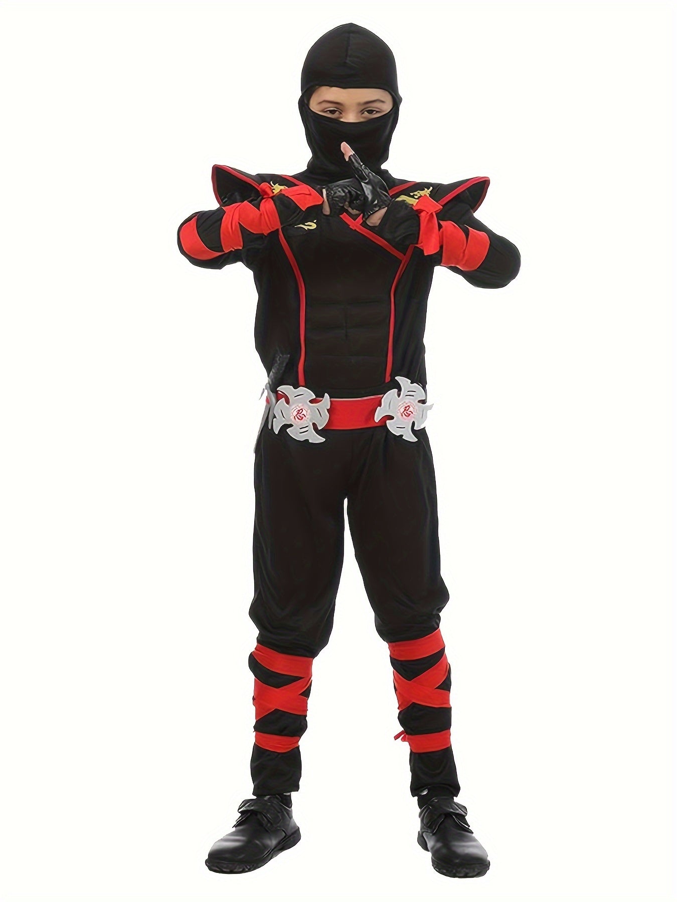 Deluxe Ninja Costume Set for Boys, Muscle Ninja Outfit with Geometric Pattern, Halloween Role-Play, Polyester Spandex Blend, Over 3 Years Old