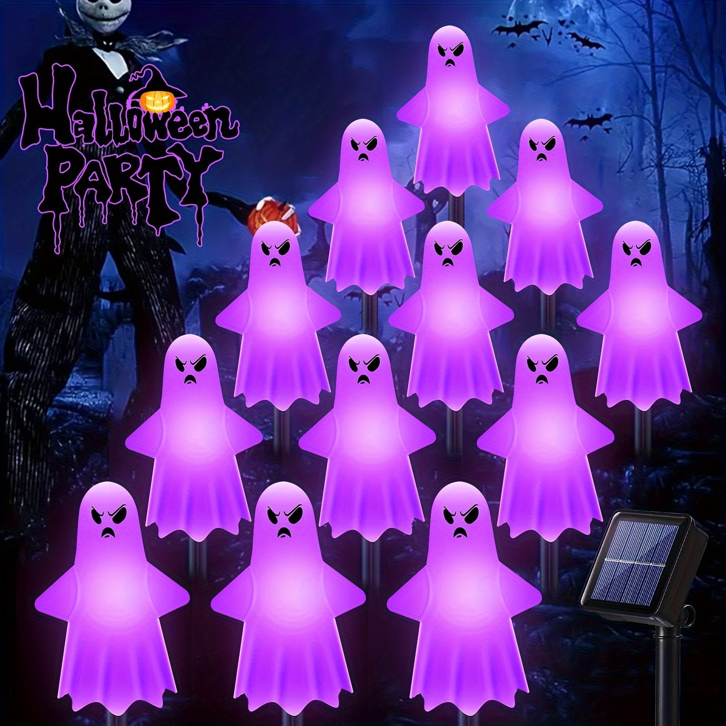 Anylincon 12pcs Solar-Powered Ghost Lights - Perfect For Halloween & Day Of The Dead Decor | Spooky Heads With 8 Lighting Modes | Ideal For Pathways, Landscapes, Yards & Lawns | Durable Plastic, Easy Install