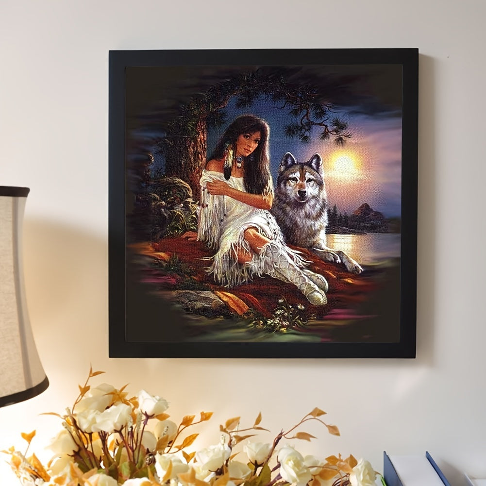 DIY 5D Diamond Painting Kit - Native American Woman & Wolf Theme, Round Acrylic Drills, Full Drill Diamond Art Embroidery Cross Stitch for Home Wall Decor Gift