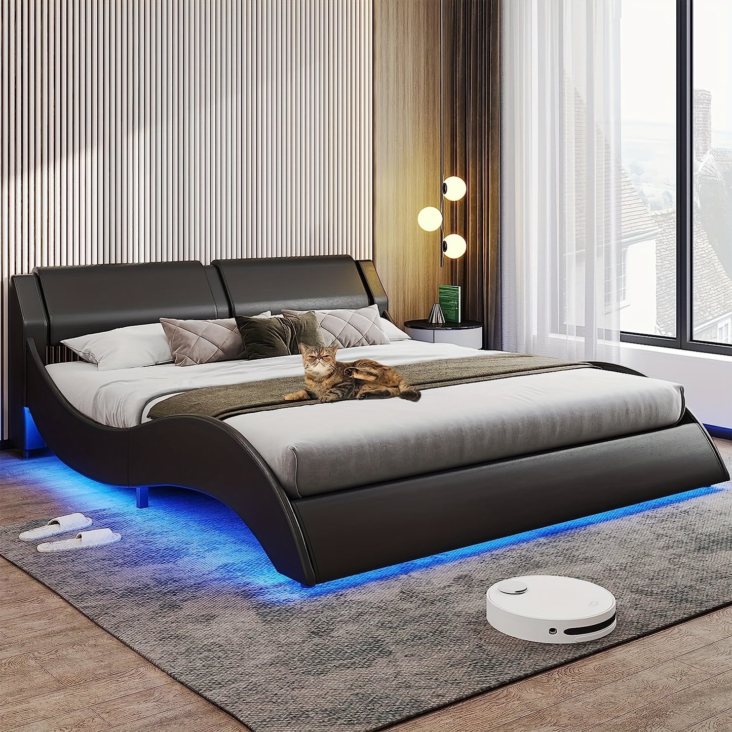 Bed Frame with Headboard and Charging Ports Modern Low Profile King Platform Bed Frame with LED Lights Wave