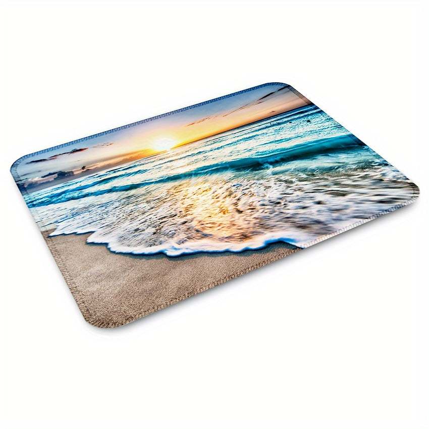 Charming Beach-Themed Square Mouse Pad with Non-Slip Rubber Base and Stitched Edges - Washable, Perfect for Computers, Laptops & Office Use