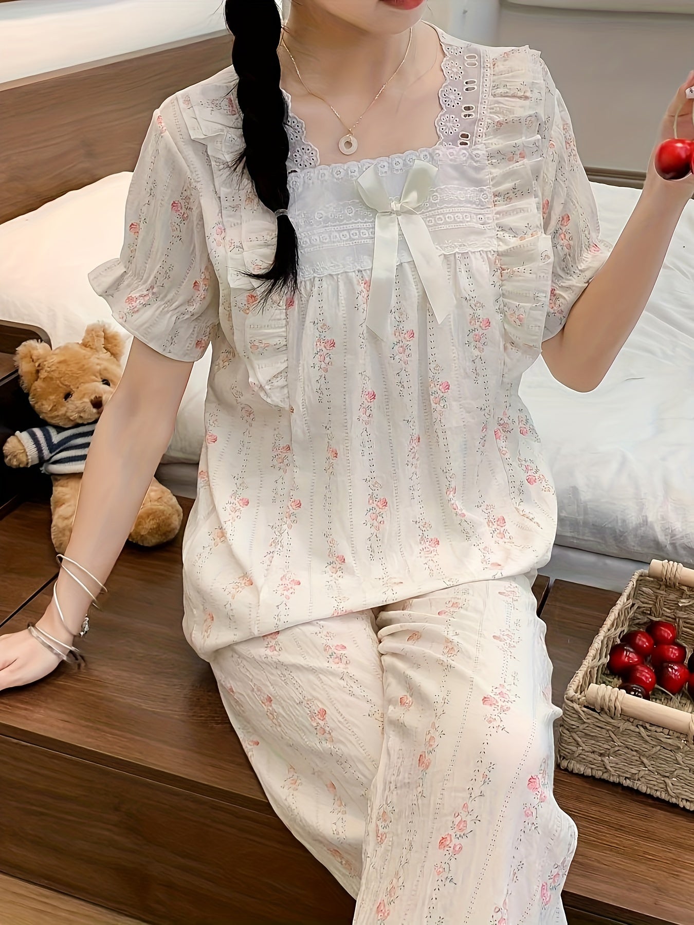 Women's Floral Print Sweet Contrast Lace Ruffle Hem Pajama Set, Puff Sleeve Bow Decor Square Neck Top & Shorts & Pants, Comfortable Relaxed Fit