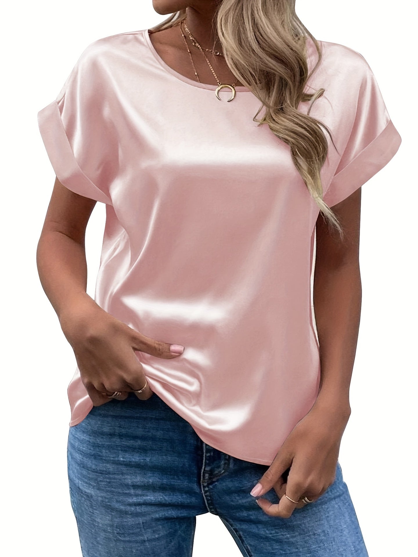 Summer Women T-shirt Smooth Satin Solid Color O-Neck Short Sleeve Lady Tee Shirt Loose Fit Polyester Skin-touching Female Top