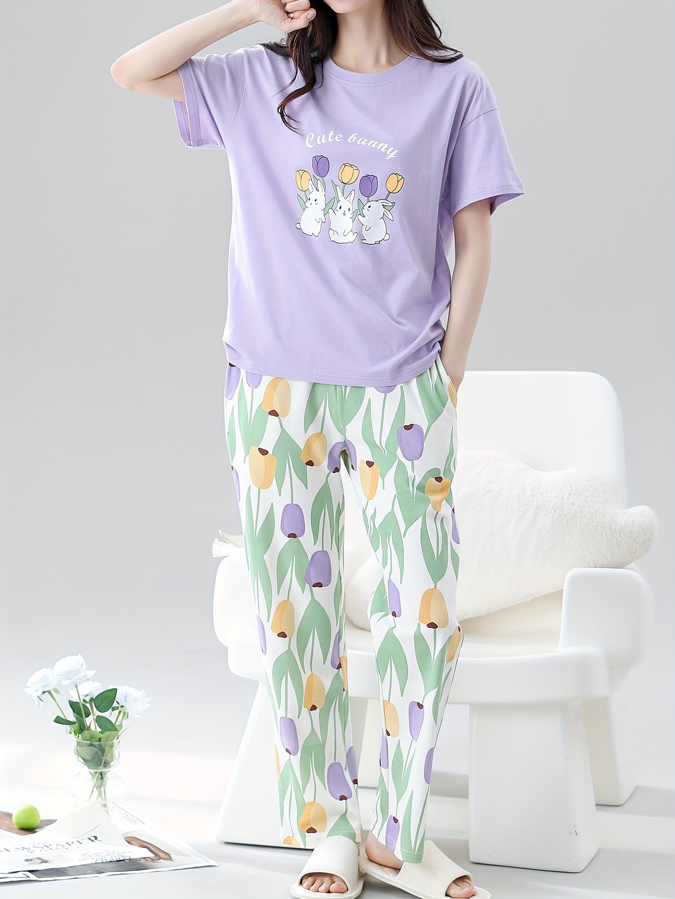 Cozy Cotton Pajama Set For Women - Floral & Bunny Print, Short Sleeve Top With Long Pants, Casual Loungewear For Spring/Fall