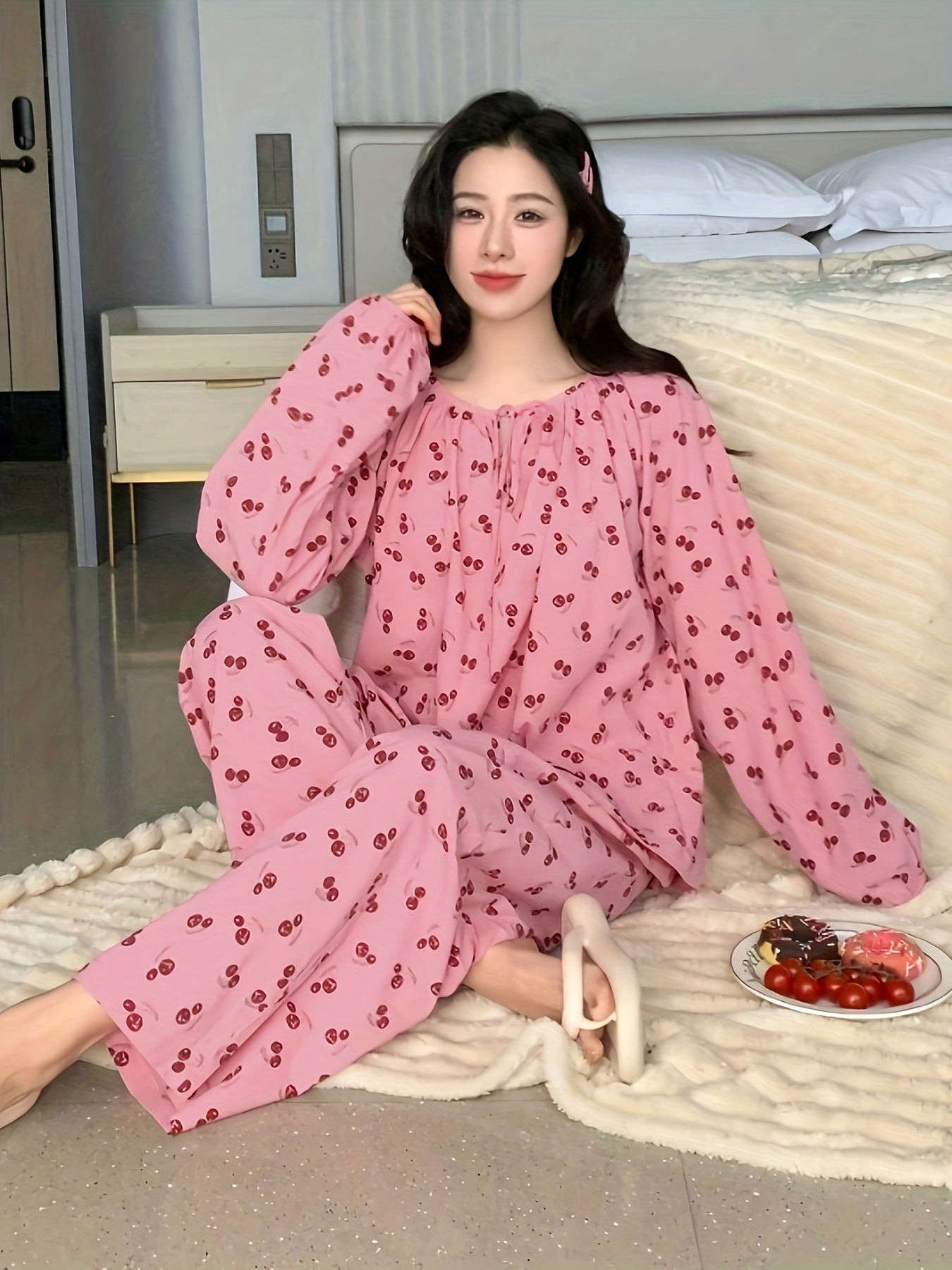 Charming Cotton Cherry Print Pajama Set with Ruffle Neckline and Long Sleeves