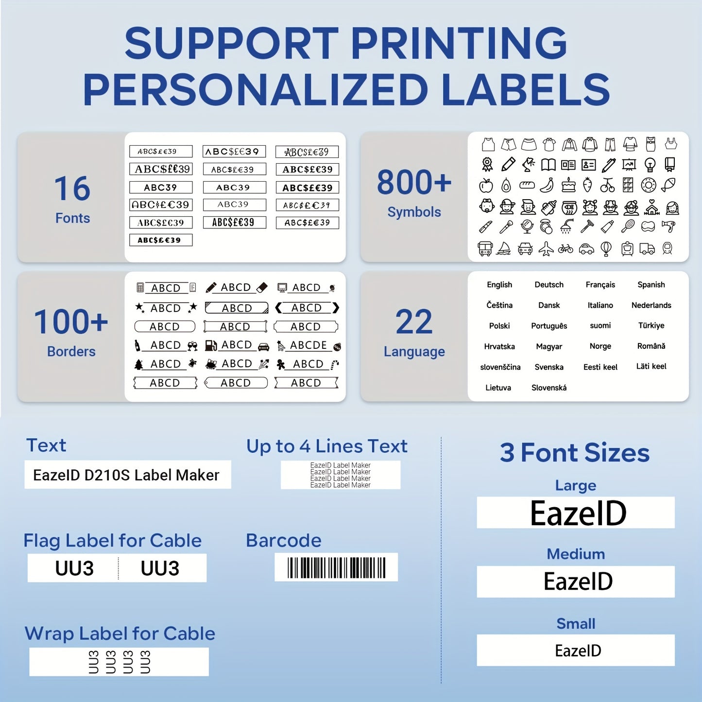 EazeID D210S Portable Label Maker: QWERTY Keyboard, Free Print Different Fonts & Barcodes, Suitable for Home Office & School - Battery/USB Power