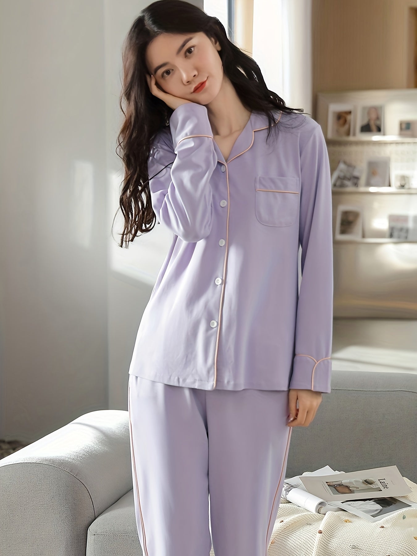 Women's Solid Contrast Binding Casual Pajama Set, Long Sleeve Buttons Lapel Top & Pants, Comfortable Relaxed Fit For Fall