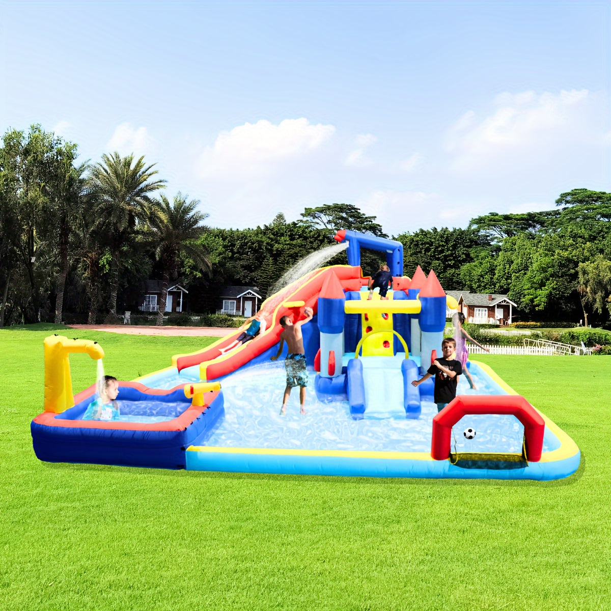 1pc 10-in-1 Inflatable Slide Water Park, Bouncing House Garden, With Splash Pool & Water Gun & Basketball & Climbing Wall & Dual Pools & Soccer