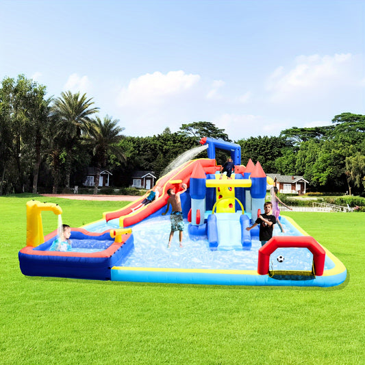 1pc 10-in-1 Inflatable Slide Water Park, Bouncing House Garden, With Splash Pool & Water Gun & Basketball & Climbing Wall & Dual Pools & Soccer