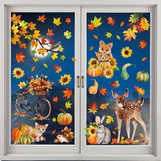 Autumn Harvest 68pcs Window Cling Set - Maple Leaf, Pumpkin, Hedgehog & More - Double-Sided Decor for Home & Office, Reusable PVC Stickers for Thanksgiving & Fall Celebrations