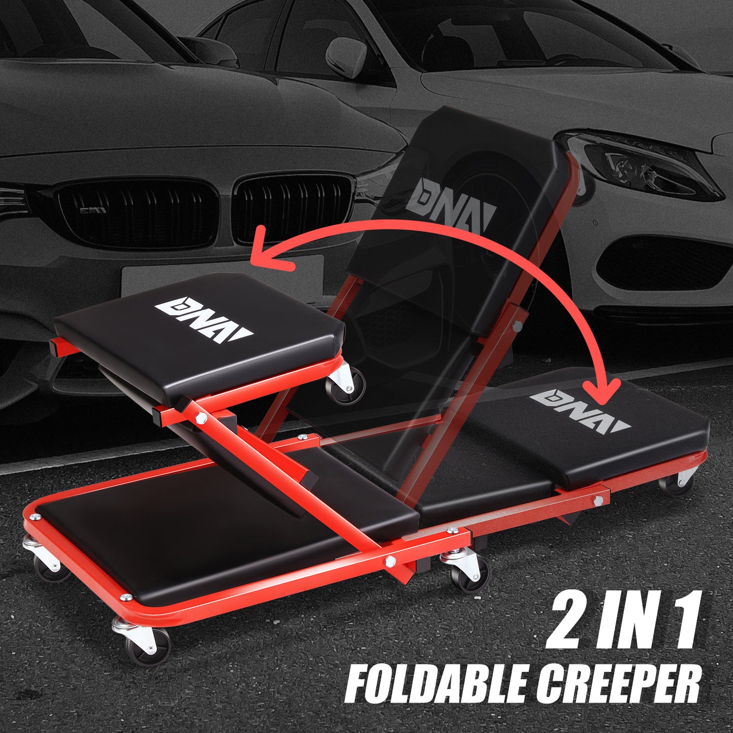 DNA Motoring 36 Inches 2 IN 1 Rolling Folding Car Creeper Seat 6 Pcs 2" Casters Red