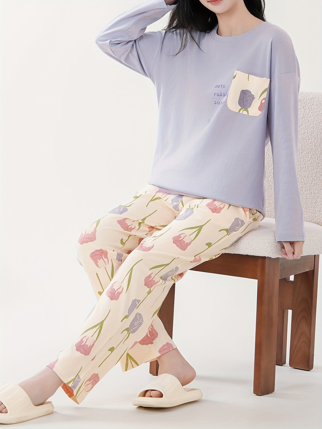 Cozy Cotton Floral & Letter Print Pajama Set for Women - Long Sleeve, Round Neck with Dual Pockets, Casual Loungewear for Fall/Winter