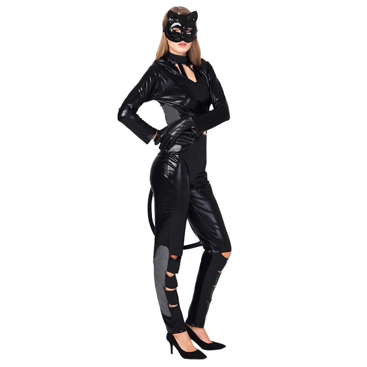 Classic Halloween Costume for Adult Women, Catsuit with Kitty Mask and Belt